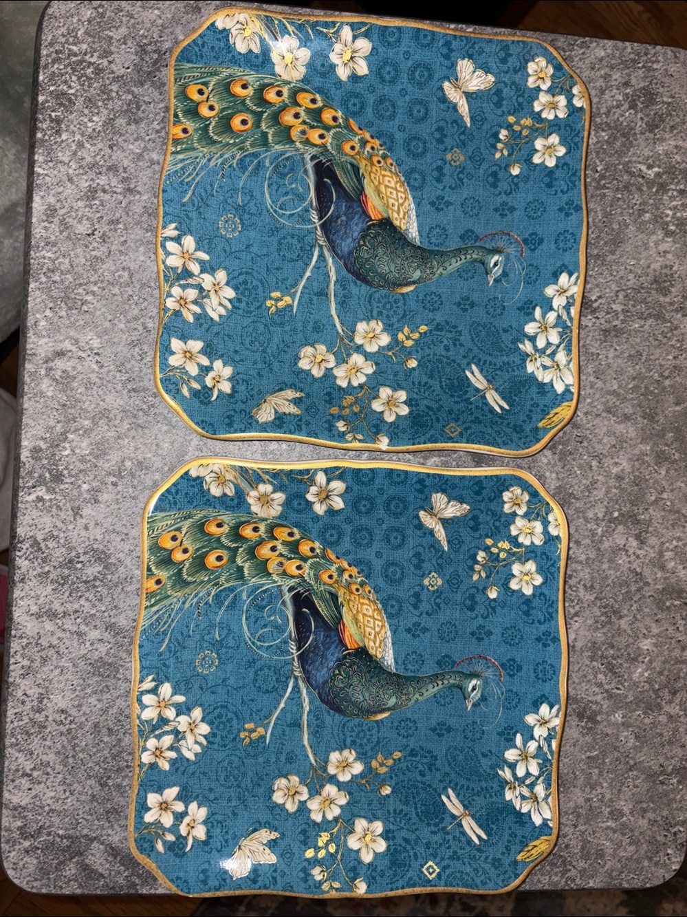 Certified International Exotic Garden Peacock Square Salad Plate 2 Plate Set EUC